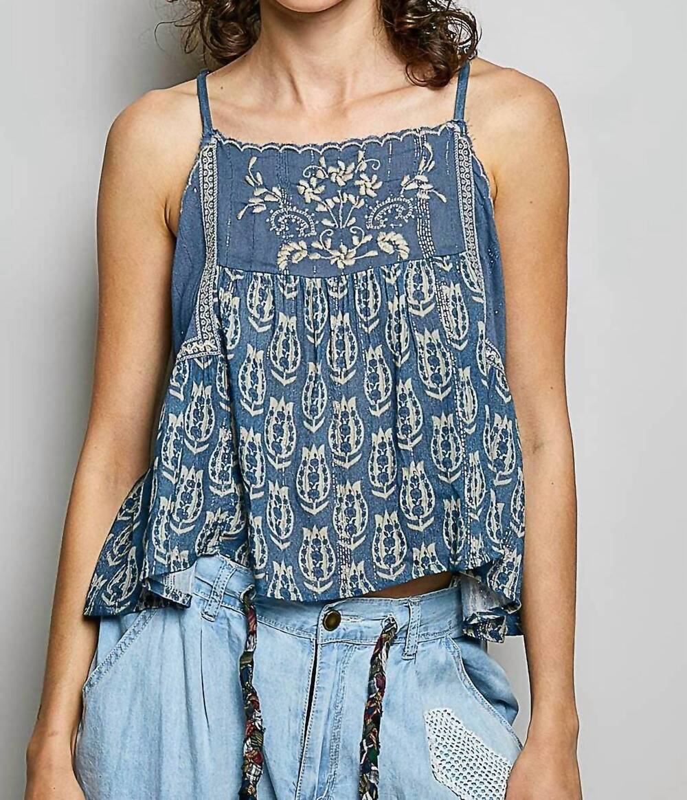NEW POL women's camisole printed embroidered woven top in indigo